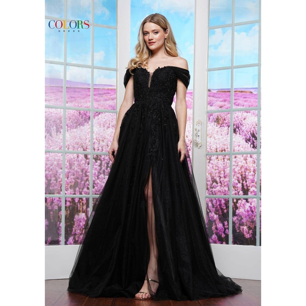 Colors Dress 3474 Off Shoulder Lace Sequin Glitter Tulle Gown Prom Formal Black